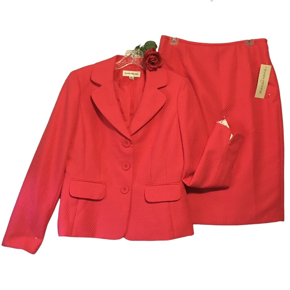 Evan Picone Suit 2 PC Set classic time geranium textured coral fabric Sz…